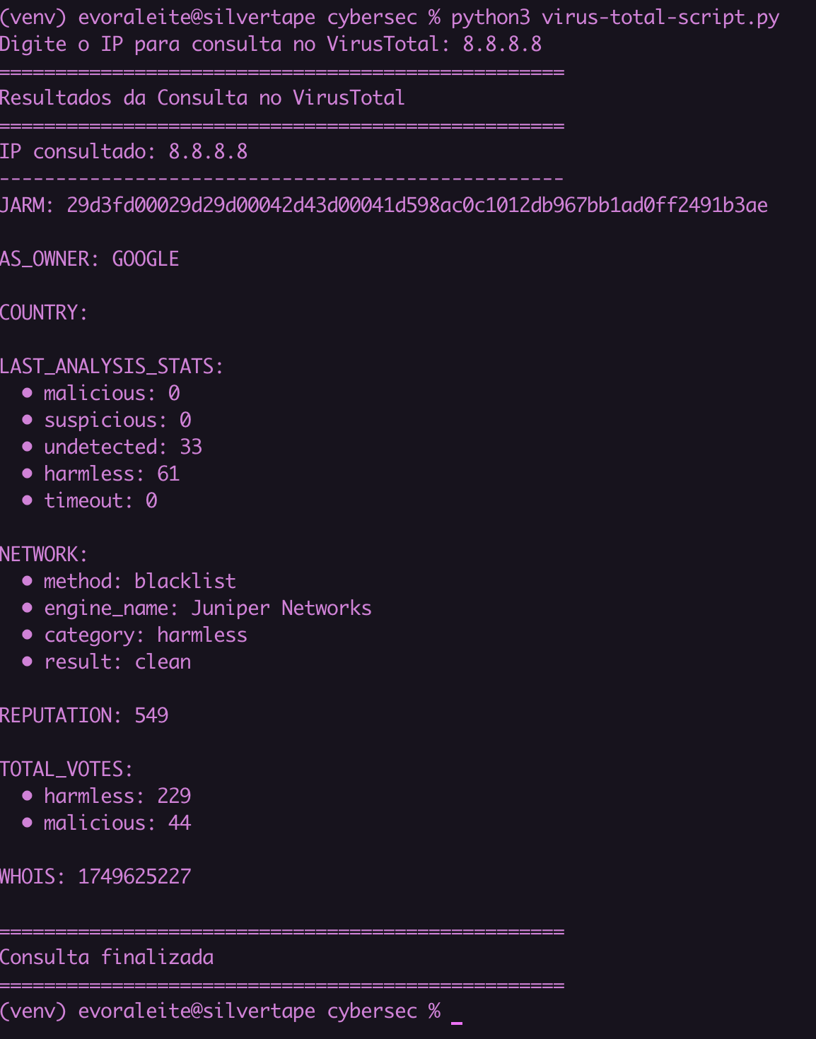 Script básico de automação de busca de IP no Virus Total